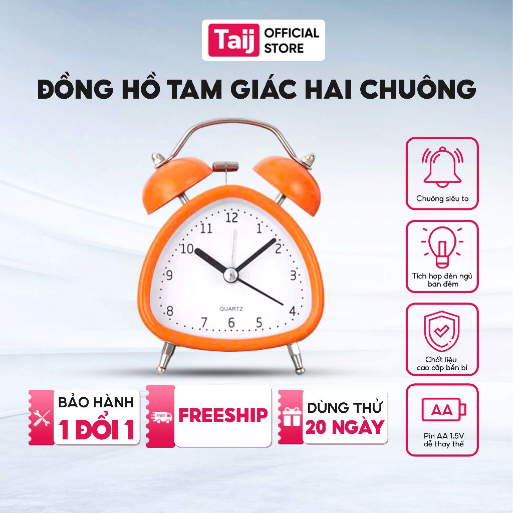 Đồng Hồ Báo Thức, Đồng Hồ Báo Thức Hình Tam Giác Cute Có Hai Chuông Báo Lớn, Kích Thước 3 Inh