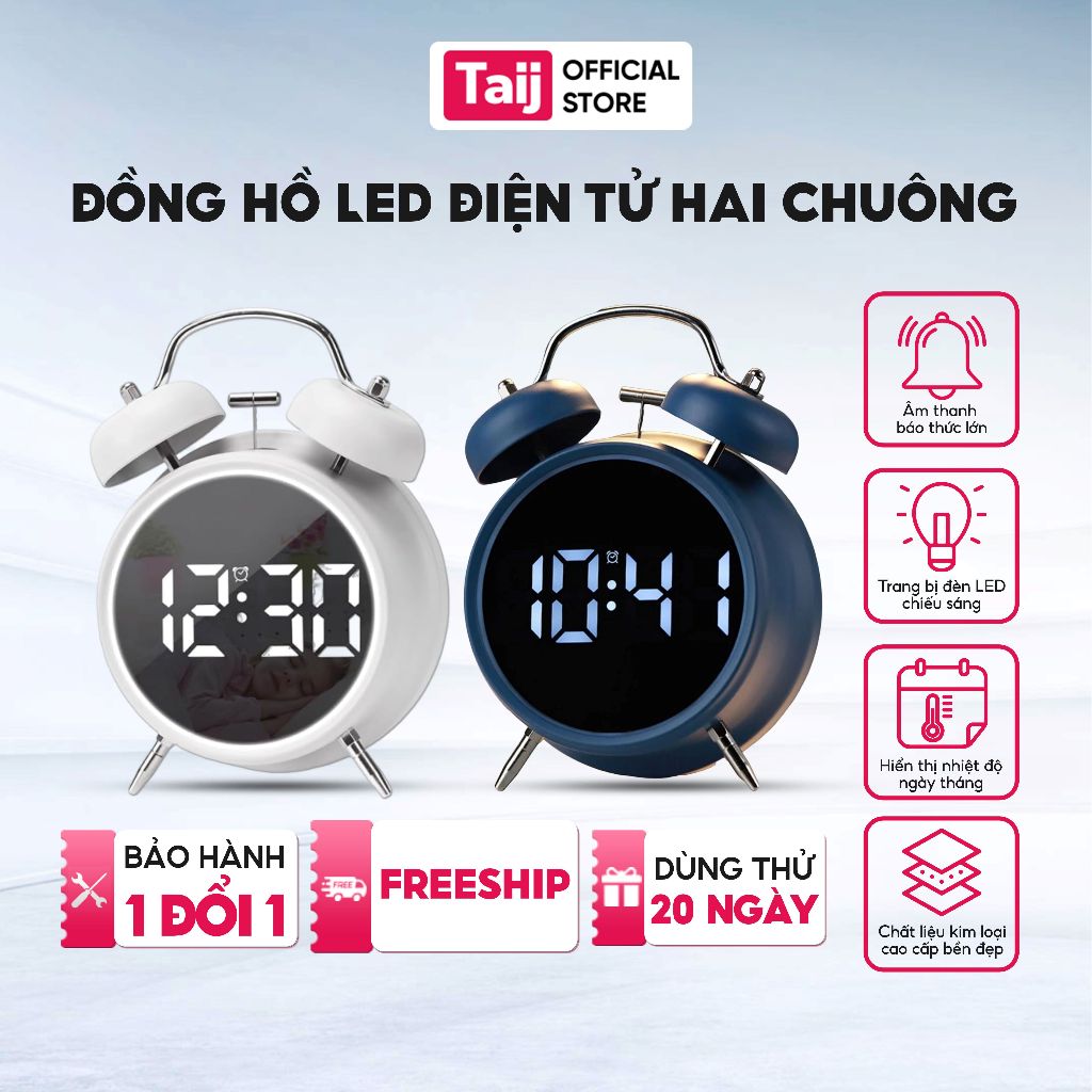 Đồng Hồ Báo Thức Taij Decor, Đồng Hồ Hai Chuông Mặt Số Điện Tử LED Hai Chuông Âm Thanh Đanh
