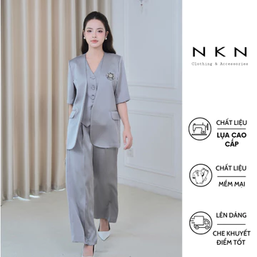 ÁO VEST NỮ, ÁO BLAZER NỮ NKN GAIN SET MÀU XÁM – DÁNG GILE FORM RỘNG, CHẤT LIỆU LỤA CAO CẤP