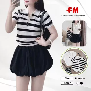 Áo Dệt Kim Polo Kiểu FMSTYLE Tay Ngắn kẻ lỗ thoáng khi 3 nút thời trang, croptop dễ phối đồ 25080079