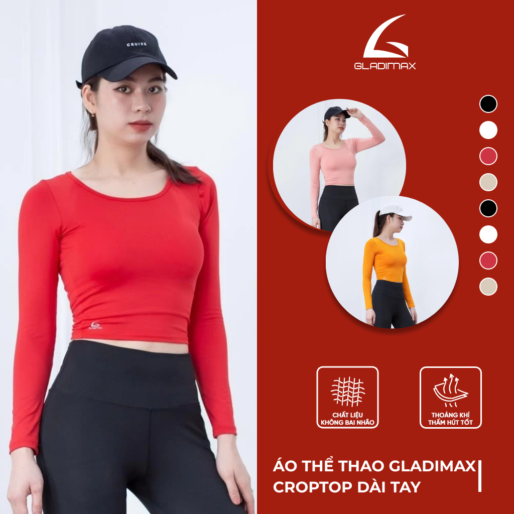 Áo Thể Thao Croptop Dài Tay Thời Trang Hottrend Gladimax, Áo Croptop Dài Tay Hỗ Trợ Tập Gym Yoga