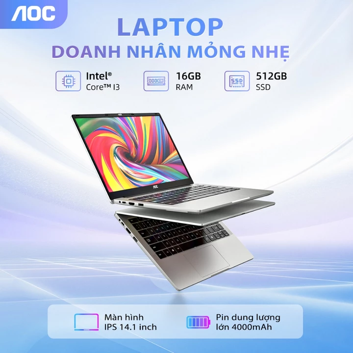 Laptop AOC giá rẻ 15.6 inch I3-1215U RAM 16GB, SSD 512GB mỏng nhẹ cho học tập, văn phòng - Bảo hành 2 năm