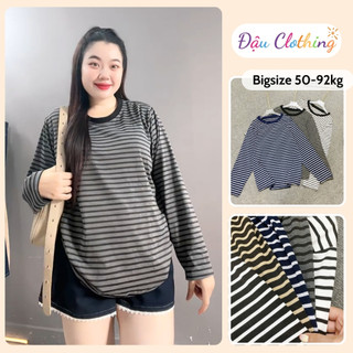 Áo Phông Bigsize Nữ Áo Thum Form Rộng Kẻ Sọc Ngang Cổ Tròn Tay Dài Cho Chubby A296