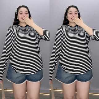 Áo Phông Bigsize Nữ Áo Thum Form Rộng Kẻ Sọc Ngang Cổ Tròn Tay Dài Cho Chubby A296