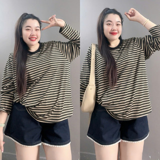 Áo Phông Bigsize Nữ Áo Thum Form Rộng Kẻ Sọc Ngang Cổ Tròn Tay Dài Cho Chubby A296