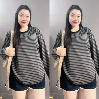 Áo Phông Bigsize Nữ Áo Thum Form Rộng Kẻ Sọc Ngang Cổ Tròn Tay Dài Cho Chubby A296