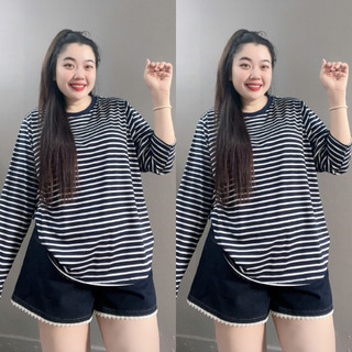 Áo Phông Bigsize Nữ Áo Thum Form Rộng Kẻ Sọc Ngang Cổ Tròn Tay Dài Cho Chubby A296