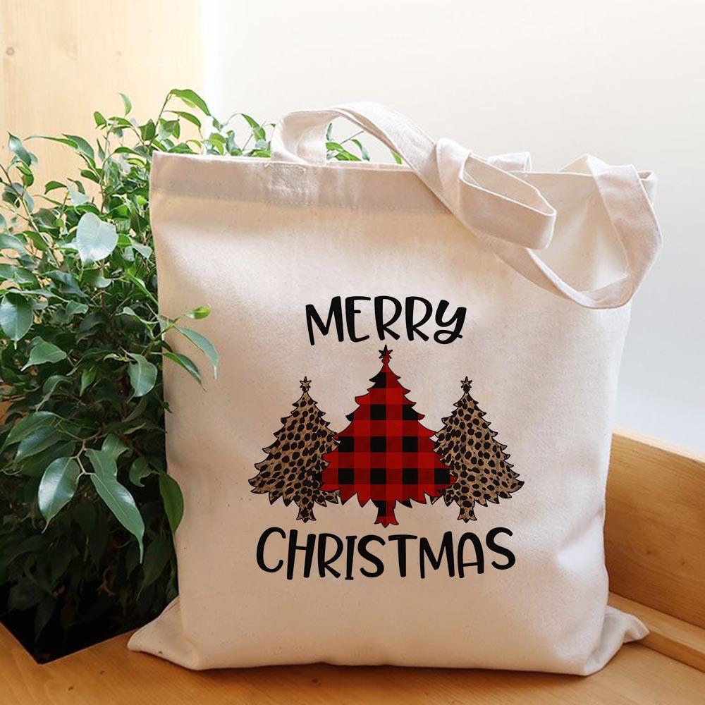 Túi tote Merry Christmas giáng sinh có khóa kéo - Túi vải canvas trắng kem đựng vừa A4 laptop 35x40cm tota0252