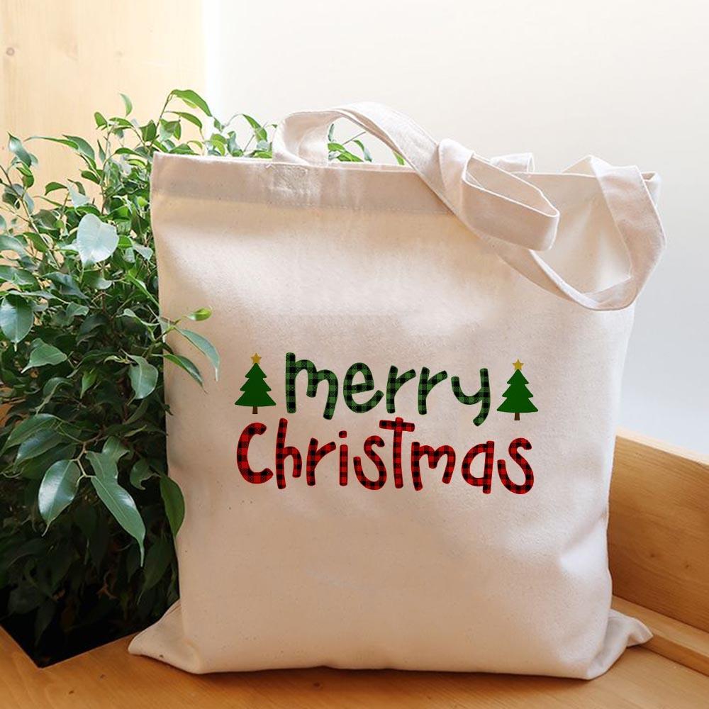 Túi tote Merry Christmas giáng sinh có khóa kéo - Túi vải canvas trắng kem đựng vừa A4 laptop 35x40cm tota0252