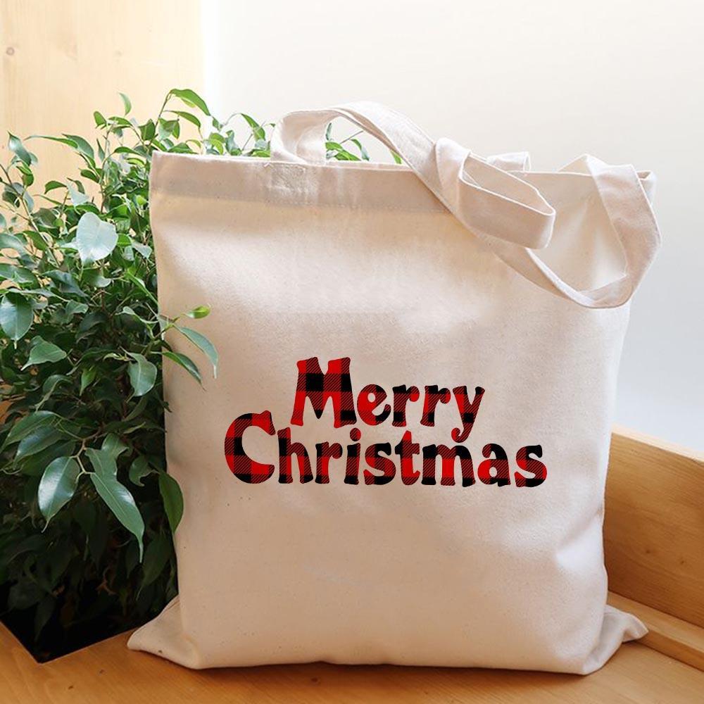 Túi tote Merry Christmas giáng sinh có khóa kéo - Túi vải canvas trắng kem đựng vừa A4 laptop 35x40cm tota0252