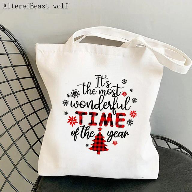 Túi tote Merry Christmas giáng sinh có khóa kéo - Túi vải canvas trắng kem đựng vừa A4 laptop 35x40cm tota0252