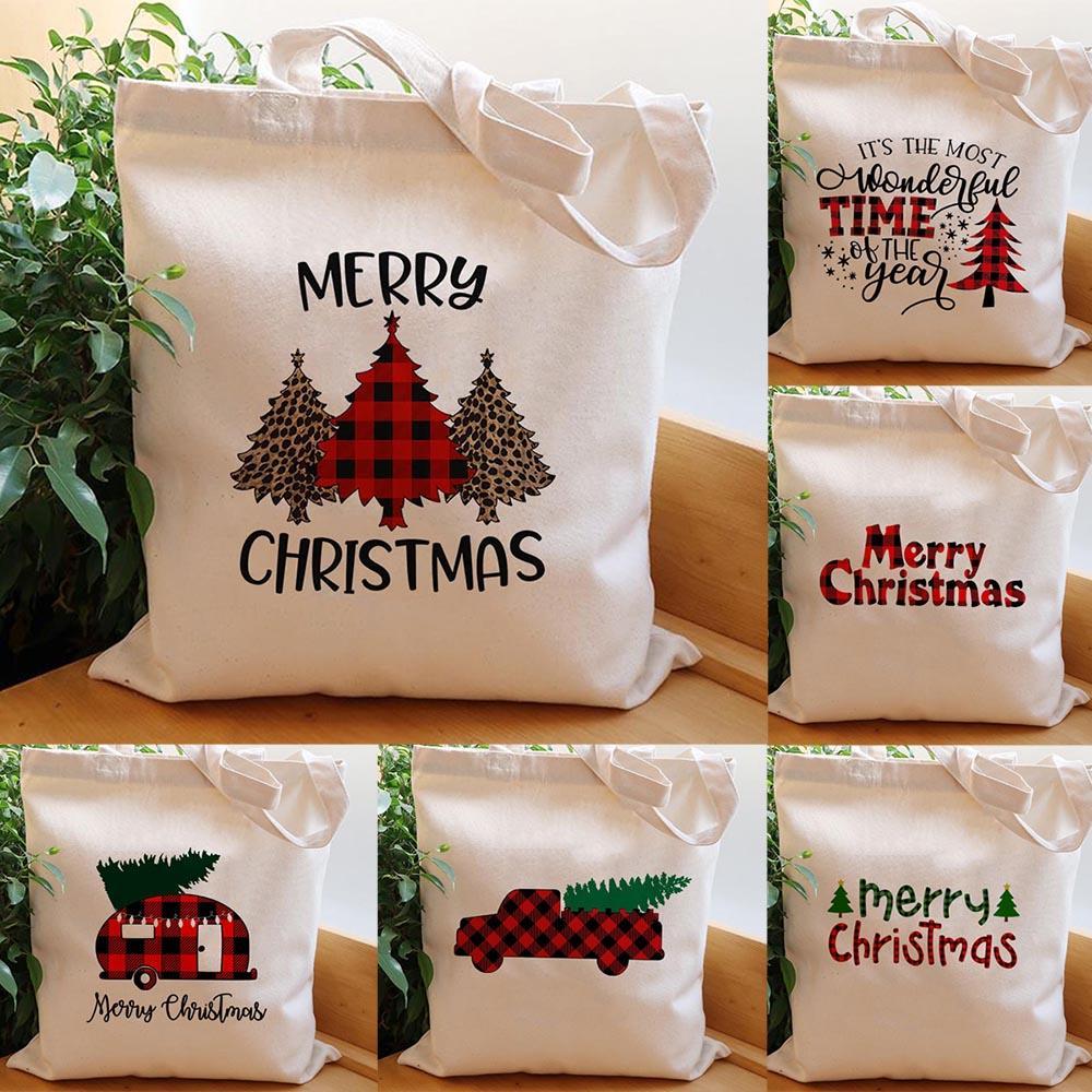 Túi tote Merry Christmas giáng sinh có khóa kéo - Túi vải canvas trắng kem đựng vừa A4 laptop 35x40cm tota0252