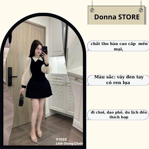 váy nữ sang chảnh, đầm tiểu thư dài tay dáng ngắn xòe cổ sơ mi phong cách Hàn Quốc Donna hcom3404
