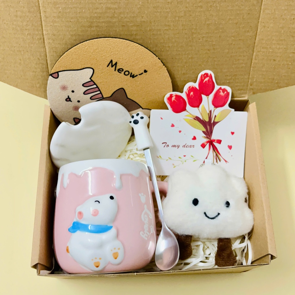 [Hỏa Tốc] Set Quà Cốc Ly Sứ Lovely Gấu Đeo Khăn Mùa Đông Kèm Gấu, Thiệp, Lót Ly Quà Tặng Tốt Nghiệp, Sinh nhật