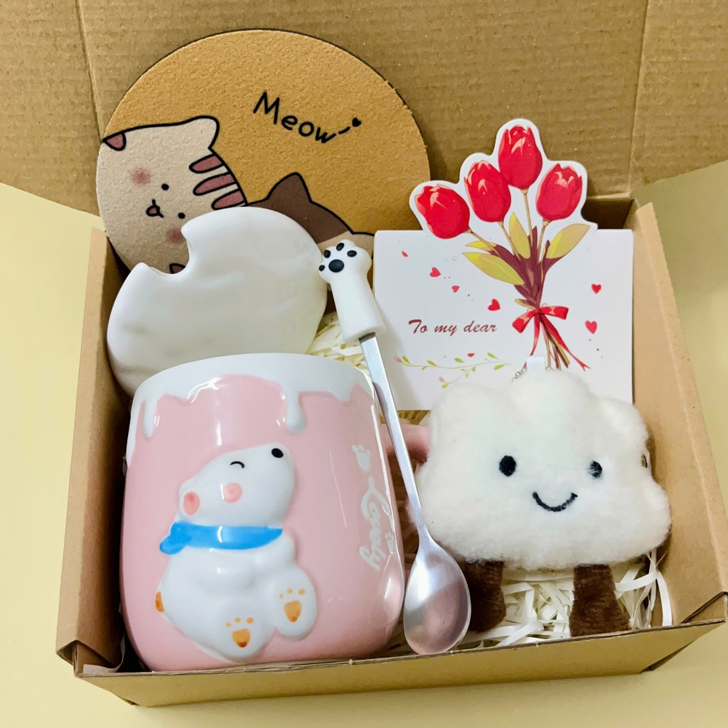 [Hỏa Tốc] Set Quà Cốc Ly Sứ Lovely Gấu Đeo Khăn Mùa Đông Kèm Gấu, Thiệp, Lót Ly Quà Tặng Tốt Nghiệp, Sinh nhật