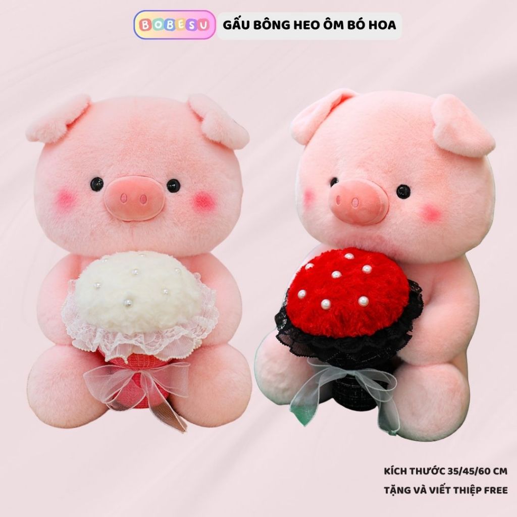 Gấu bông heo ôm bó hoa làm quà tặng sinh nhật, ngày lễ valentine cho người yêu,bạn gái