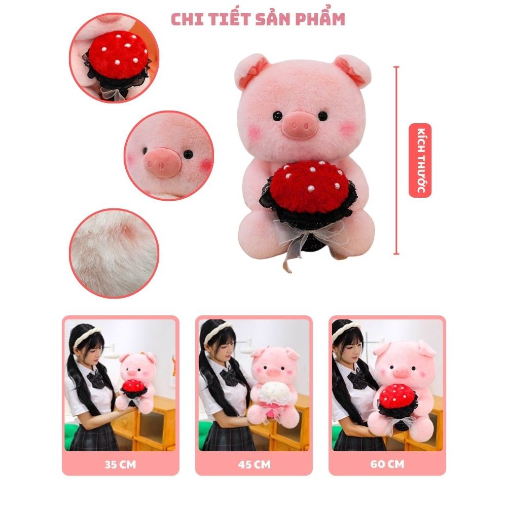 Gấu bông heo ôm bó hoa làm quà tặng sinh nhật, ngày lễ valentine cho người yêu,bạn gái