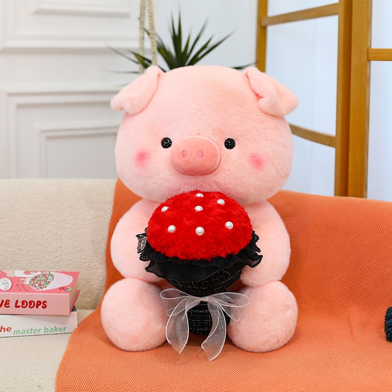 Gấu bông heo hồng ôm bó hoa làm quà tặng sinh nhật, Valentine cho bạn gái, Thú nhồi bông lợn bó hoa chất liệu lông tơ