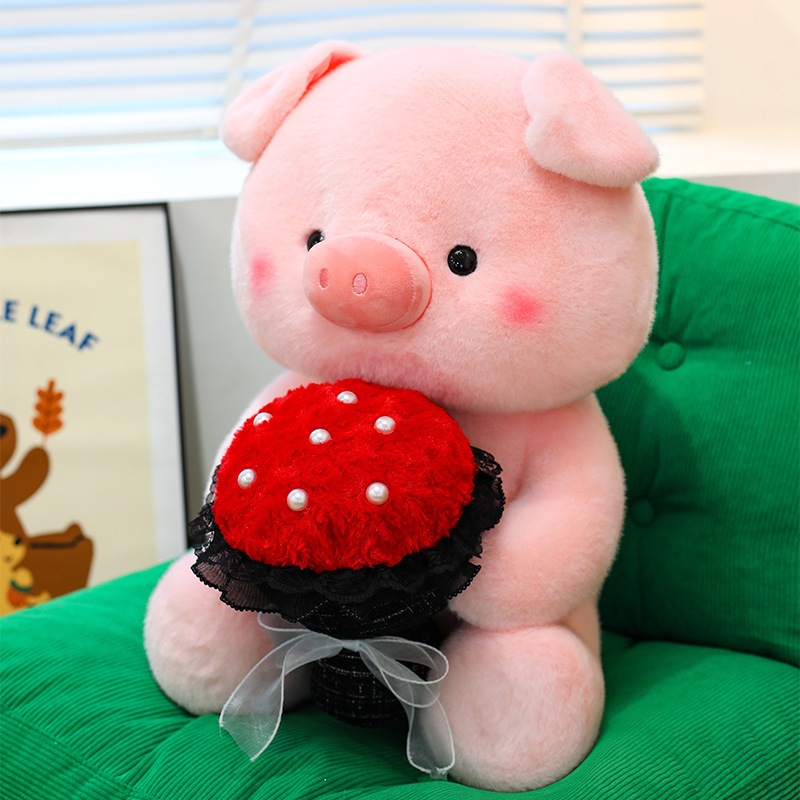 Gấu bông heo hồng ôm bó hoa đáng yêu, Thú nhồi bông lợn ôm hoa làm quà tặng sinh,valentine cho bạn gái