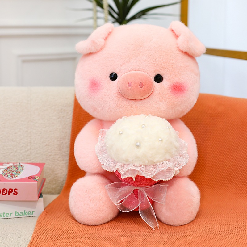 Gấu bông heo hồng ôm bó hoa đáng yêu, Thú nhồi bông lợn ôm hoa làm quà tặng sinh,valentine cho bạn gái