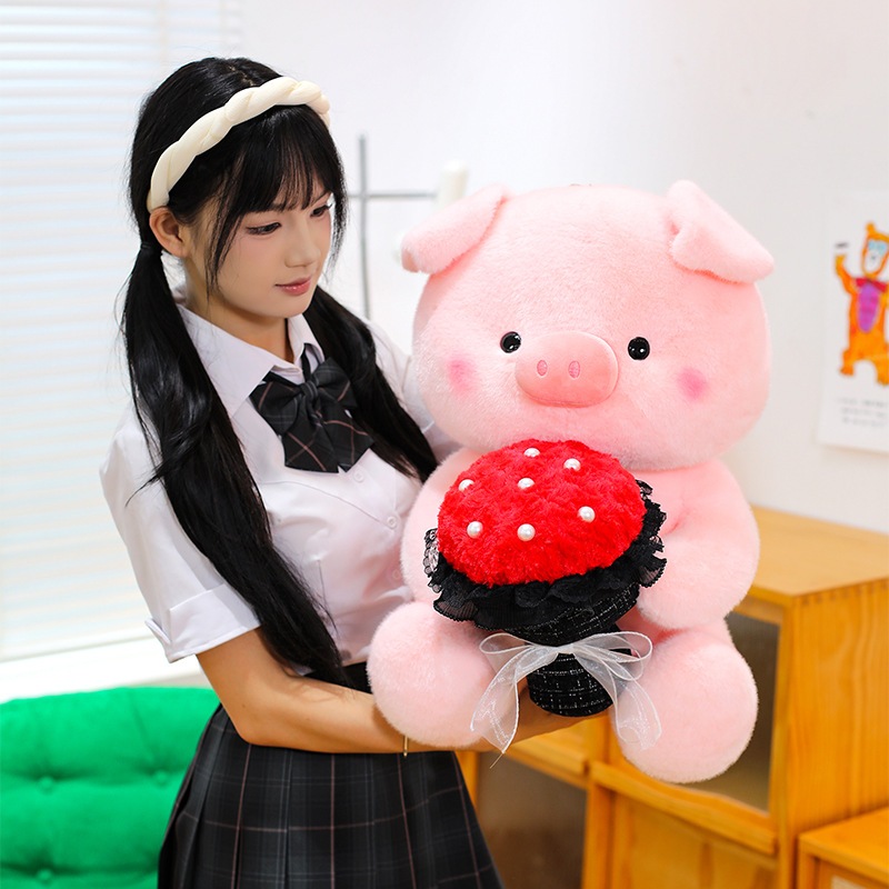 Gấu bông heo hồng ôm bó hoa đáng yêu, Thú nhồi bông lợn ôm hoa làm quà tặng sinh,valentine cho bạn gái