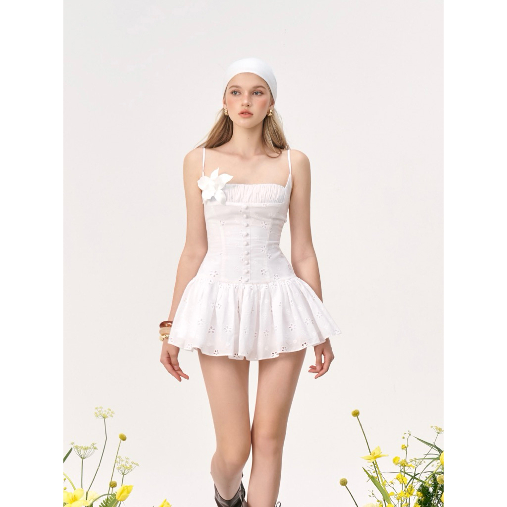 đầm hai dây vải boi thêu dáng xoè - Fiora dress - RED BEAN