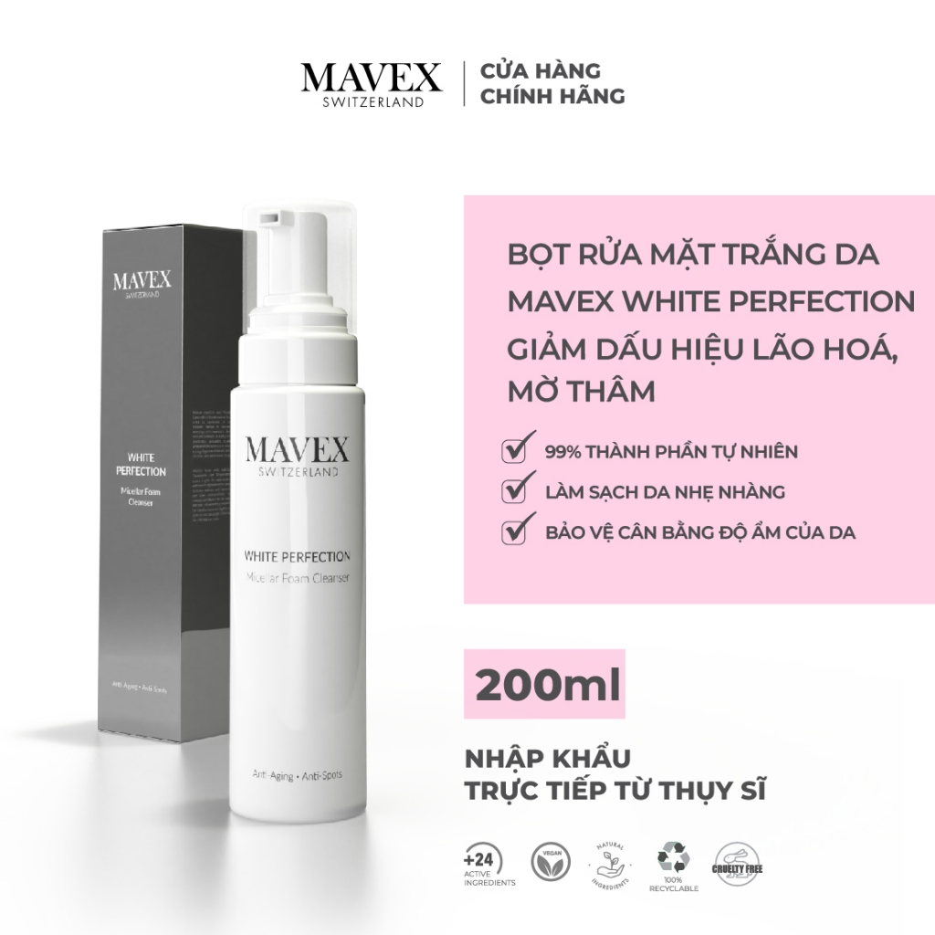 Bọt rửa mặt trắng da Mavex White Perfection giảm lão hoá, mờ thâm 200ML