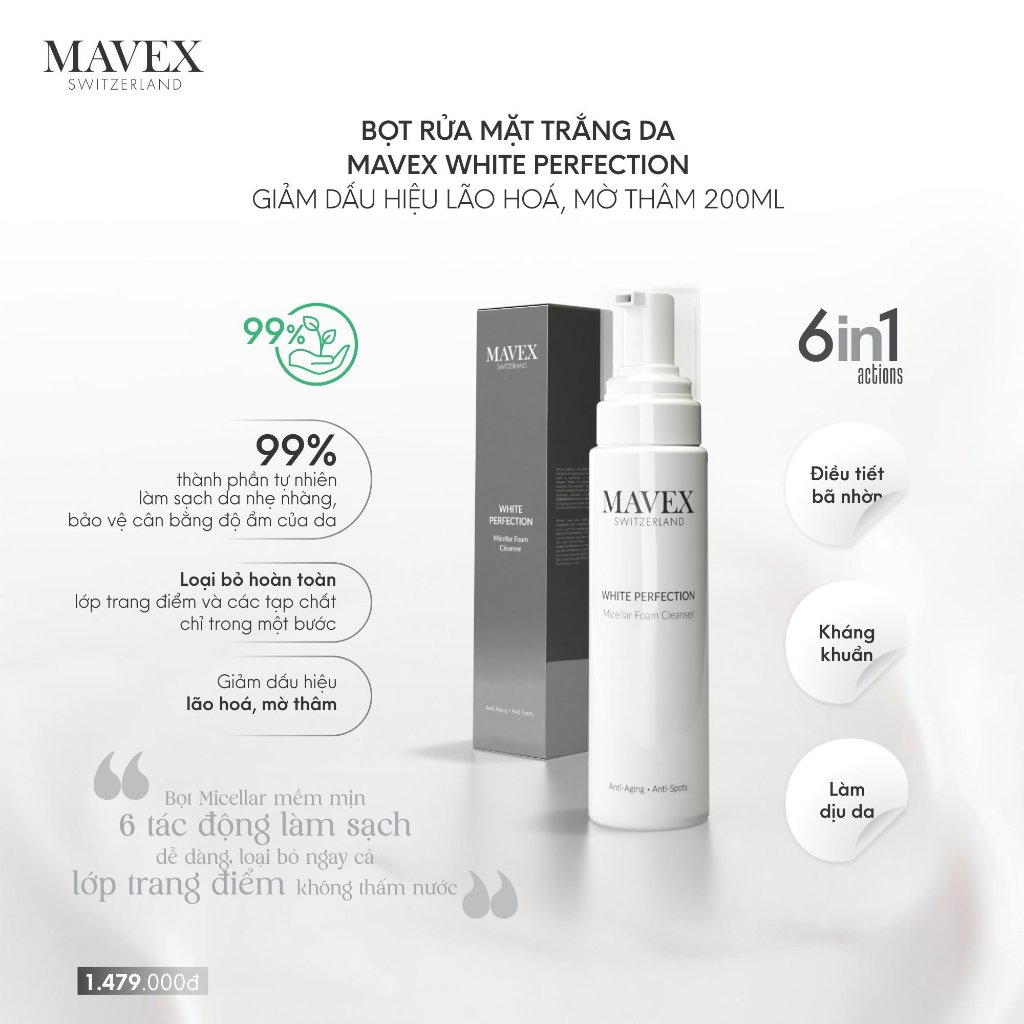 Bọt rửa mặt trắng da Mavex White Perfection giảm lão hoá, mờ thâm 200ML