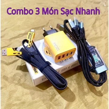 Combo 3 Món Sạc Nhanh : Củ Sạc Nhanh 120W, Cáp Sạc 3 đầu 100W, Cáp sạc 4in1. Cốc Sạc NHanh 120w. PK Sạc cho nhiều ĐT .