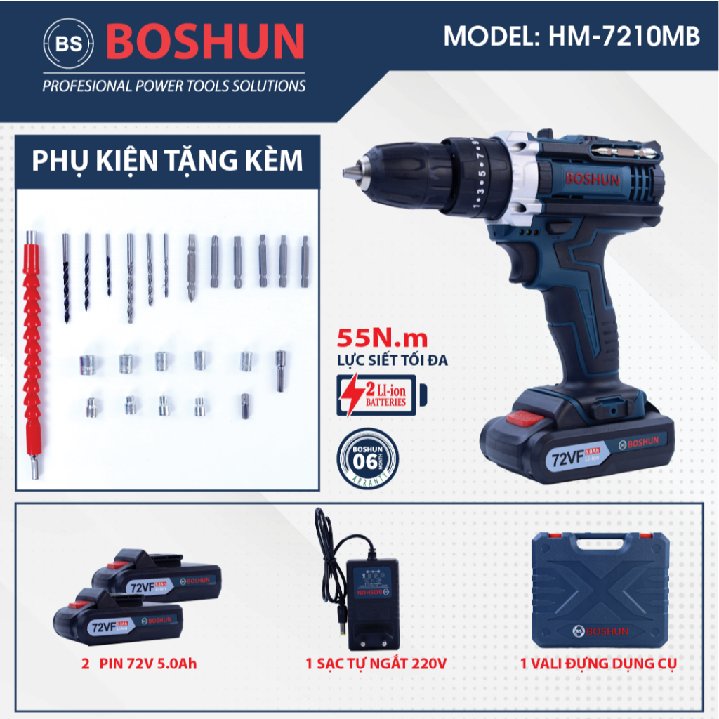 Máy khoan pin 10Ly Boshun 72VF BS-7210MB, 55Nm, 10mm, 3 chức năng khoan,búa,vít, có đèn trợ sáng, động cơ 100% lõi đồng