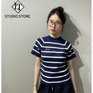 LT - Áo len nữ cổ tròn cao kẻ sọc ngang chữ thêu ngực tay cộc free size 1249