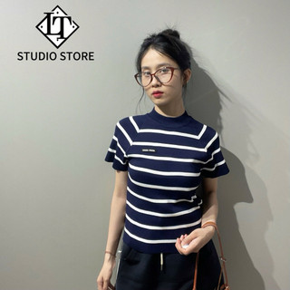 LT - Áo len nữ cổ tròn cao kẻ sọc ngang chữ thêu ngực tay cộc free size 1249