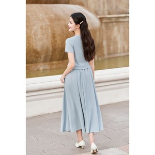 Áo Thun Tay Ngắn Rút Chun Phối Chân Váy Xoè Dài Chun Eo VIEN TRAN D61B25H014 D62L25H006