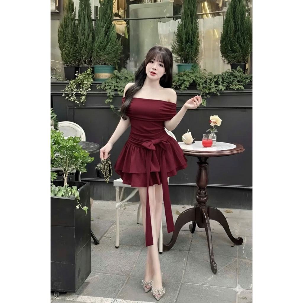 Váy Trễ Vai Phối Nơ Thiết Kế Nữ Tôn Dáng A4 ( Kèm quần bảo hộ rời )