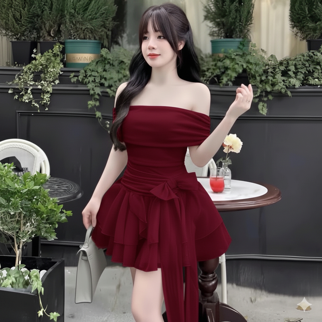 Váy Trễ Vai Phối Nơ Thiết Kế Nữ Tôn Dáng A4 ( Kèm quần bảo hộ rời )