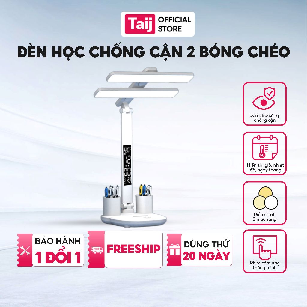Đèn Học Để Bàn, Đèn Học Chống Cận Cho Bé Có Tích Điện, Có Đèn LED 3 Chế Độ Sáng, 2 Bóng Chéo