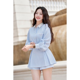 Áo Sơ Mi Nữ Dài Tay Kẻ Sọc Phối Ren, Quần Short Giả Váy VIEN TRAN O61H25Q005 O64S25H005