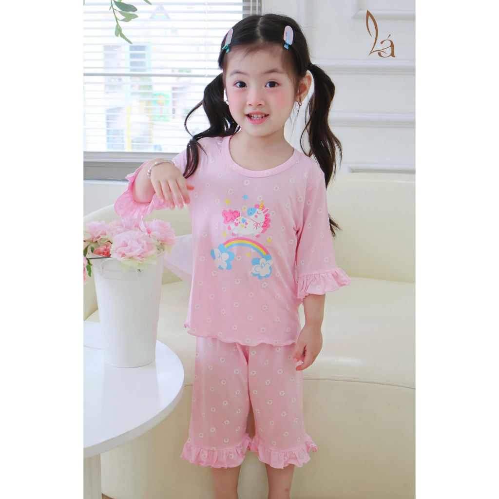Bộ lửng cho bé gái 95% sợi sồi Modal Ice Cool Áo Lá Homewear A326 họa tiết hoa nhí kỳ lân unicorn melody