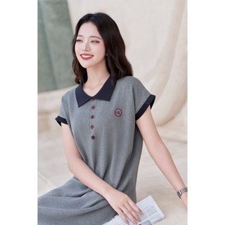 Đầm Thun Cổ Bẻ Vai Chờm Phối Màu Thêu Ngực LeH O63T25Q006