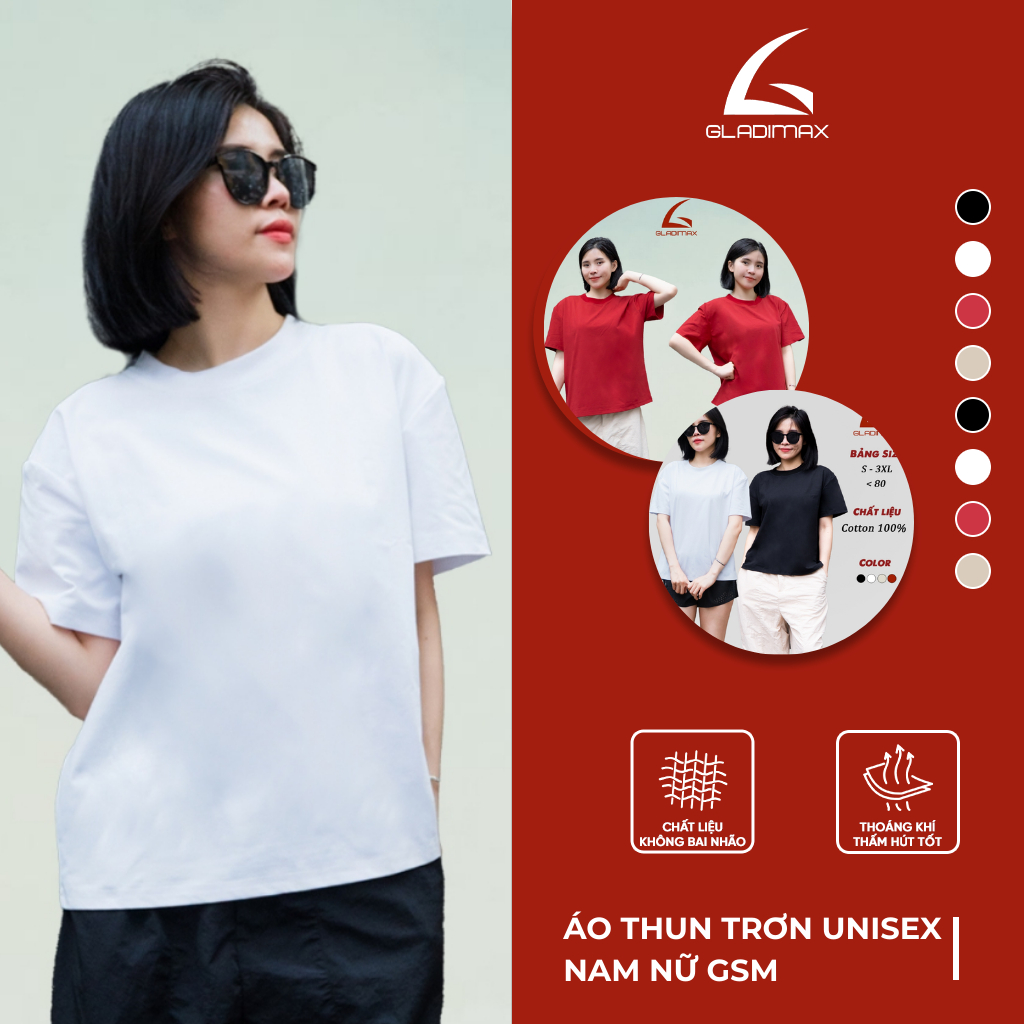 Áo Thun Trơn T157 Nam Nữ GLADIMA, Áo Thun Vải Cotton Mát Form Boxy Cổ Tròn Cao Cấp Thấm Hút Mồ Hôi Tốt