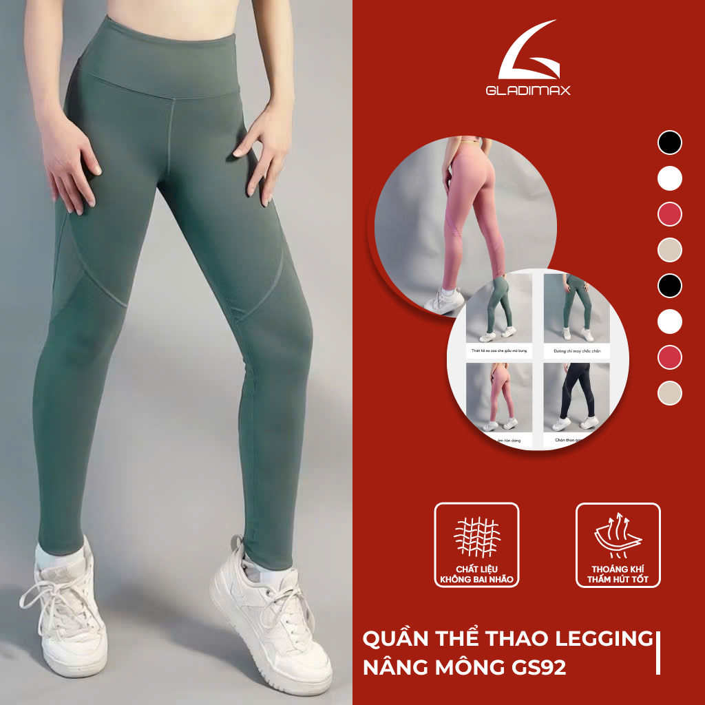 Quần Thể Thao Legging GS92 GLADIMAX, Quần Thể Thao Nữ Cạp Cao Tôn Dáng Co Giãn 4 Chiều Thấm Hút Thoáng Khí