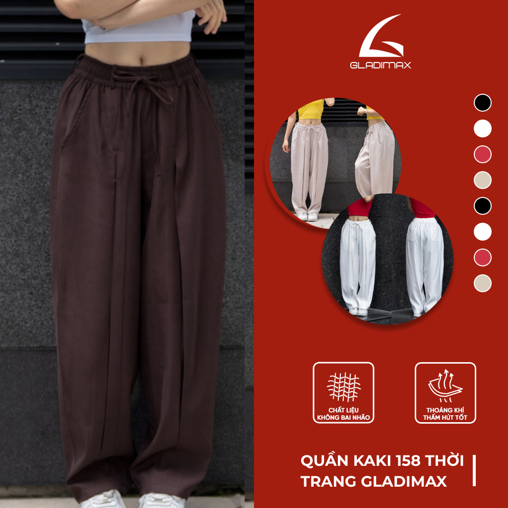 Quần Kaki 158 Thời Trang Hottrend Gladimax, Quần Kaki Ống Rộng Unisex Có Dây Rút Chất Vải Bền Không Phai Không Xù