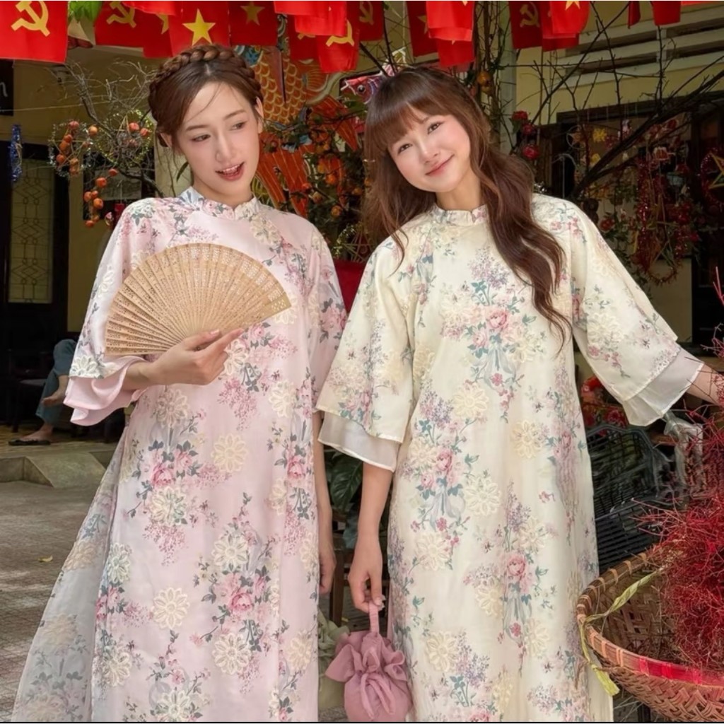 Áo dài CÁT TIÊN tay hai lớp cổ trụ thêu hoa nhã nhặn kèm quần lụa TAM AD03