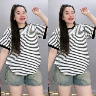 Áo Thun Kẻ Sọc Bigsize Nữ Form Rộng Basic Cổ Tròn Năng Động Cho Nàng Chubby A294