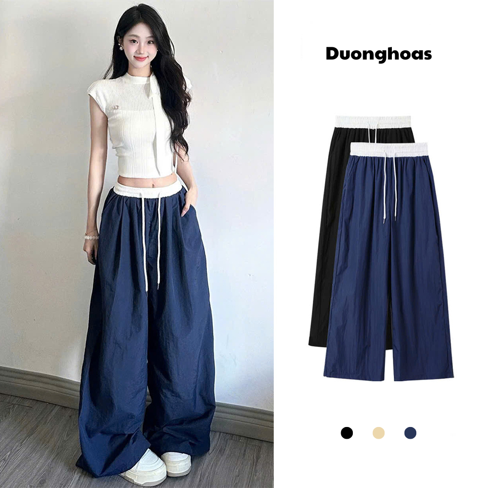 Quần Ống Rộng Nữ Vải Dù Đẹp Cạp Phối Trắng Mix Đồ Nhiều Pong Cách Thời Trang Tôn Eo Che Khuyết Điểm