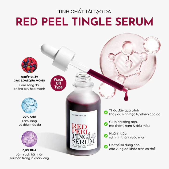Serum Tinh chất thay da sinh học So’Natural Red Peel Tingle Serum Tinh chất tẩy da chết dưỡng sáng, làm mịn da
