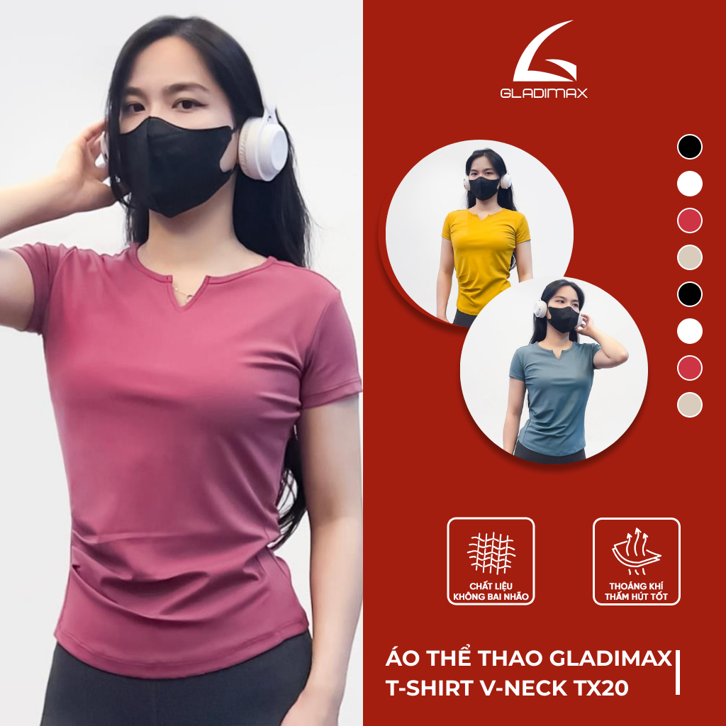 Áo Thể Thao Nữ V-Neck TX20 Thời trang Hottrend Gladimax, Áo Thun Thể Thao Co Giãn 4 Chiều Thoáng Mát Tự Tin Tập Luyện