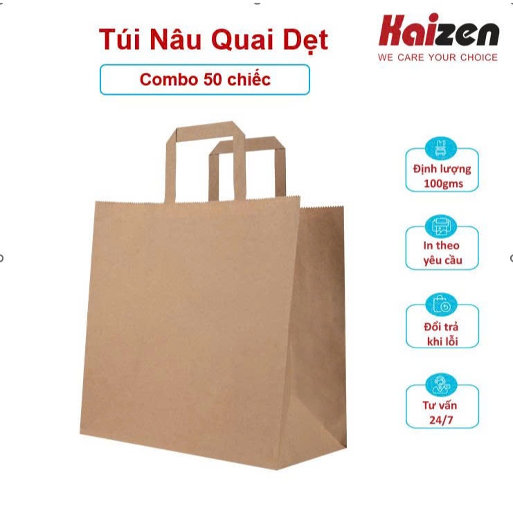 Set 50 Túi giấy Kraft Nâu Quai Dẹt đựng đồ size to
