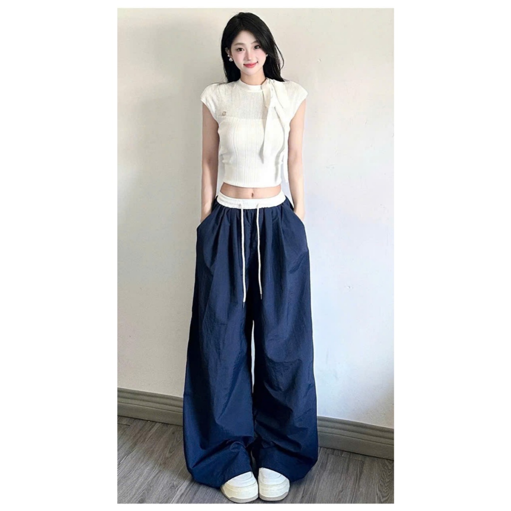 Quần Ống Rộng Nữ Vải Dù Đẹp Cạp Phối Trắng Mix Đồ Nhiều Pong Cách Thời Trang Tôn Eo Che Khuyết Điểm