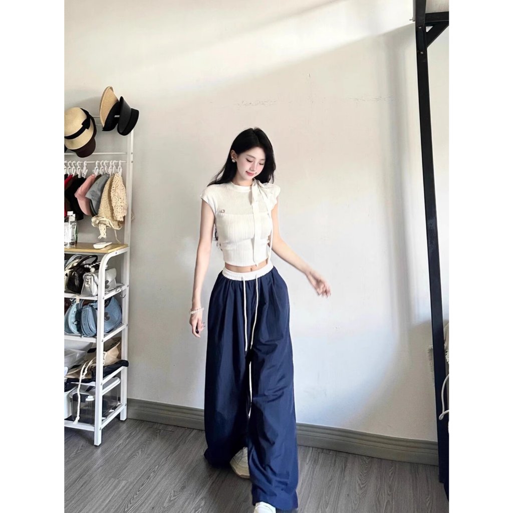 Quần Ống Rộng Nữ Vải Dù Đẹp Cạp Phối Trắng Mix Đồ Nhiều Pong Cách Thời Trang Tôn Eo Che Khuyết Điểm